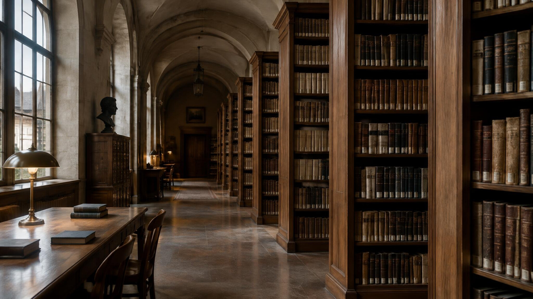 Endless rows of bookshelves in a quiet library archive